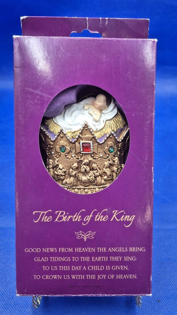 Vintage Birth of The King Baby Jesus Gold Crown Ornament NIB